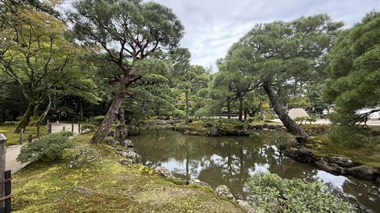 銀閣寺觀音殿深色木造二層建築,白牆黑瓦,周圍是水池與松樹