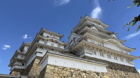 從外苑公園遠望姬路城天守閣,白色城樓在綠樹與藍天之間清晰可見