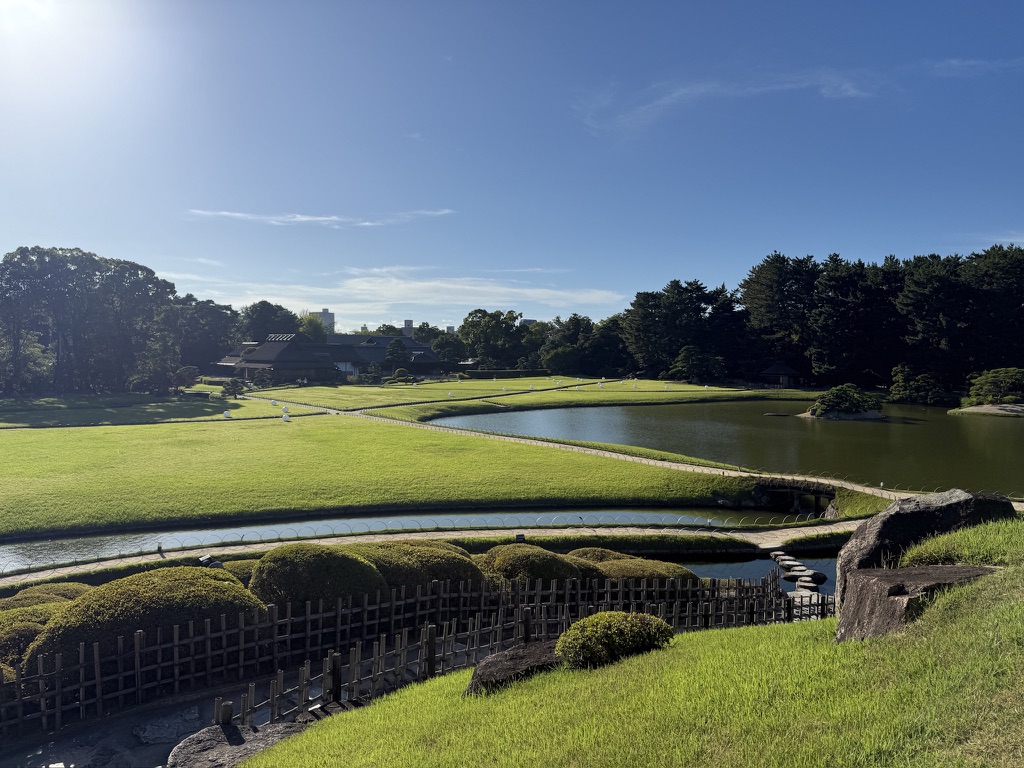 從後樂園水池遠眺，草丘與松樹後方，黑色的岡山城天守閣在藍天下清晰可見