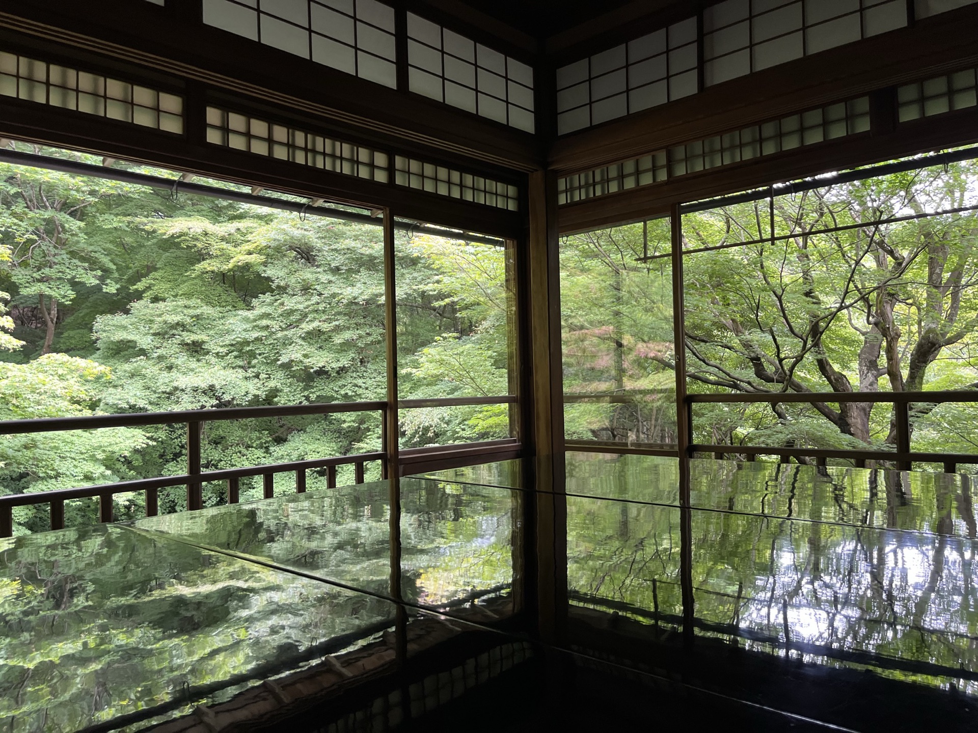 琉璃光院書院窗景，青楓倒映在黑色漆桌上